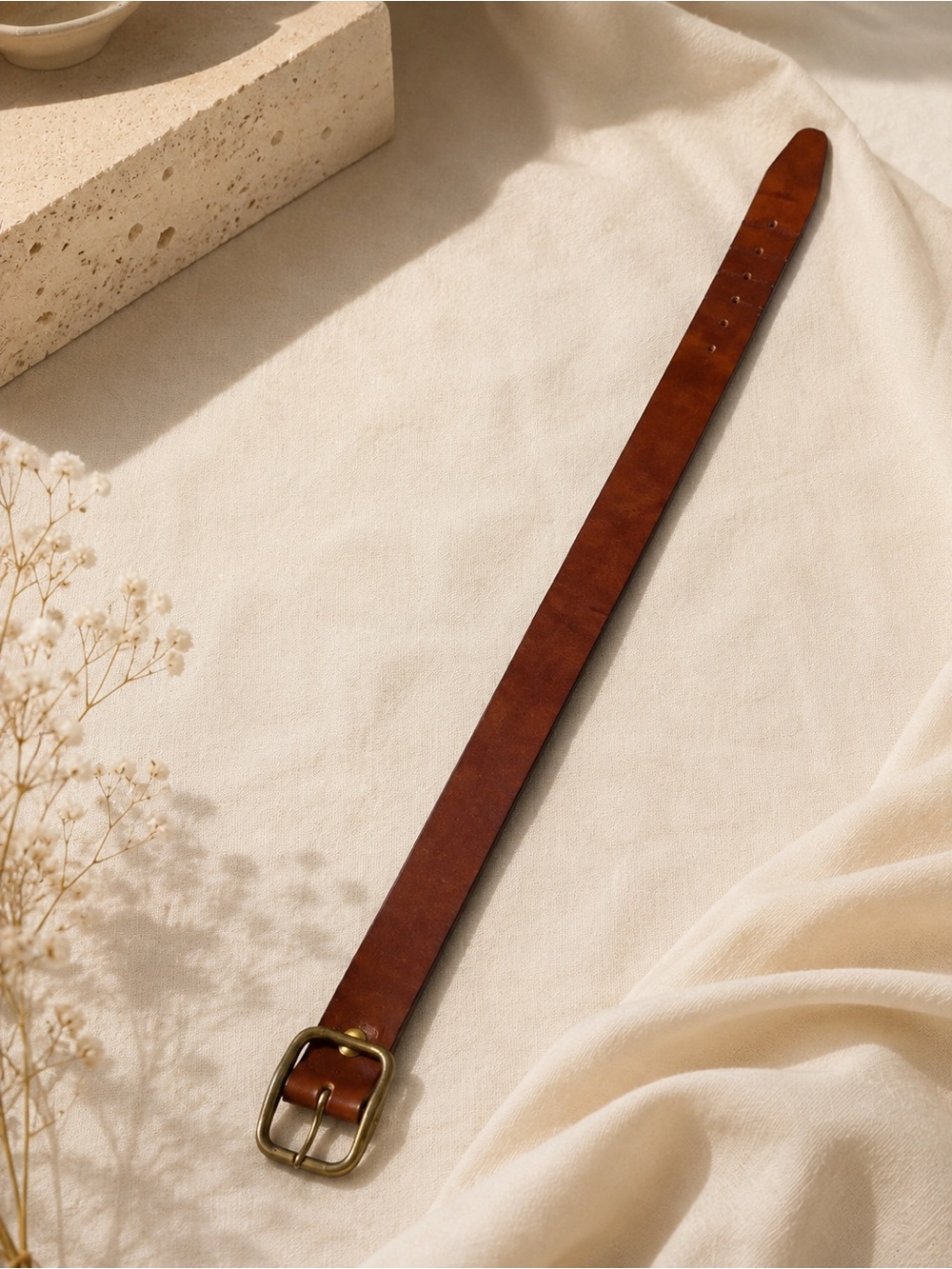 Brown Leather Belt with Brass Buckle